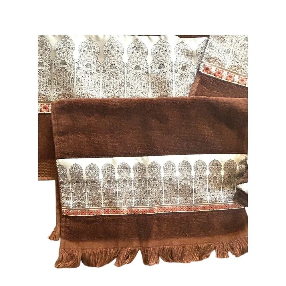 VTG Martex Zodiac 2 Bath & Washcloth 1 Hand Towel Brown w Moroccan Satin Border